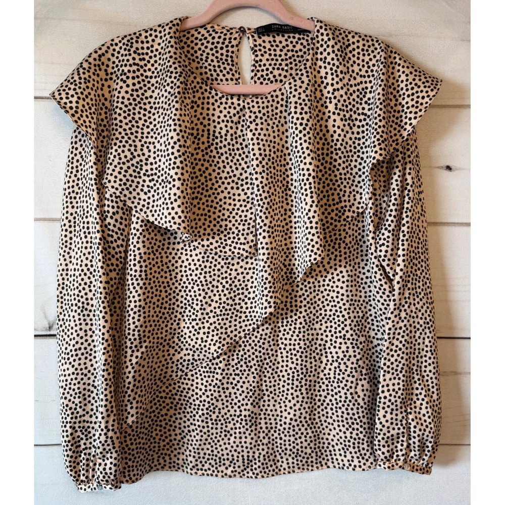 Zara Basic Polka Dot Ruffle Blouse Tan Black Long Sleeve Top Large